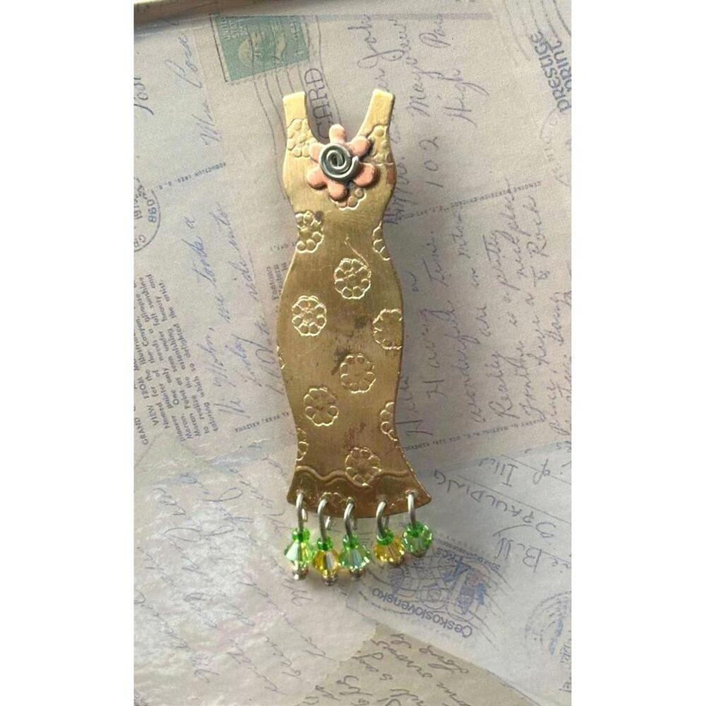 Artisan Stamped Brass Dress Brooch Beaded Fringe Boho Mixed Metal Figural Pin 3"